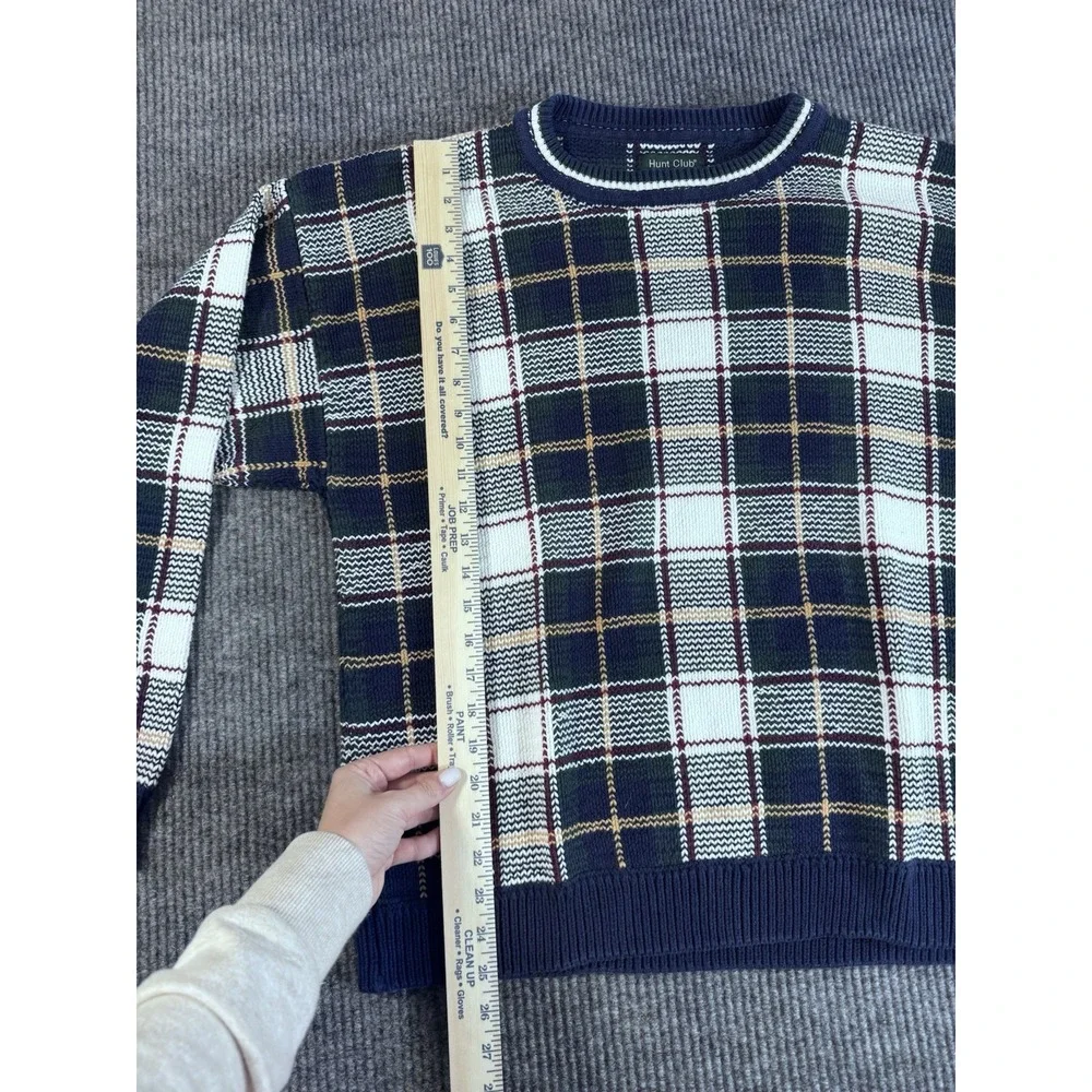 Vintage Hunt Club XL Blue Plaid Cotton Tight-Knit Crew‎ Neck Long Sleeve Sweater